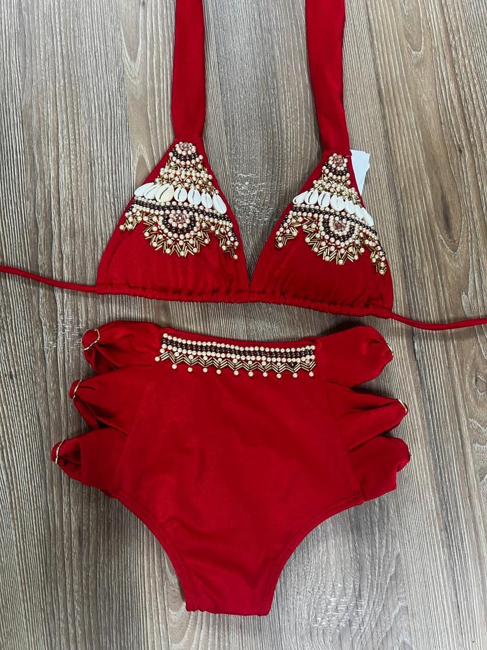 Luxury Red Seashells High Waisted